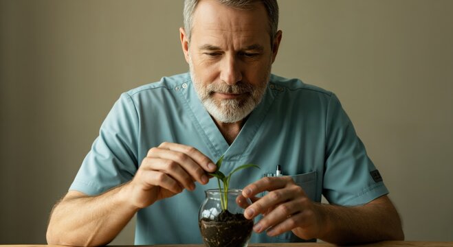Mature male doctor in scrubs carefully tending to a small green plant. Scientist nurturing a seedling in a glass jar. Concept of growth, life, and research.