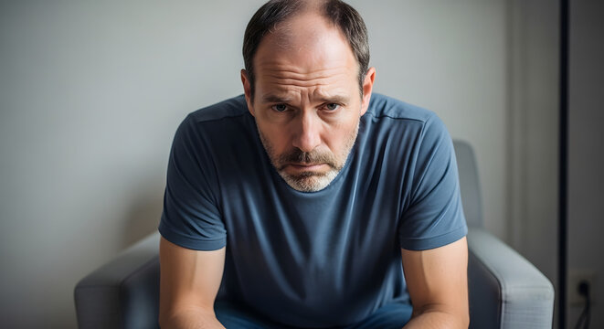 Sad and Distressed Middle-Aged Man Looking Directly at Camera – Concept of Depression, Anxiety, Mental Health Issues, or Personal Problems