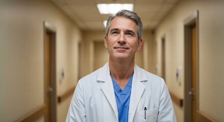 Confident mature male doctor looking up thoughtfully in a hospital corridor. Portrait of a middle-aged Caucasian physician in a white lab coat and scrubs. Healthcare and medical concept.