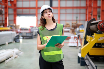 Engineer or worker writing on clipboard beside machine in the factory