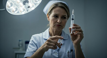 Serious female nurse holding a syringe with a needle under a surgical light. Dramatic and suspenseful medical scene.