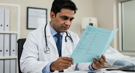 Indian male doctor sitting at desk and reading patient medical records in a clinic office. Healthcare professional analyzing a report. Physician reviewing test results.
