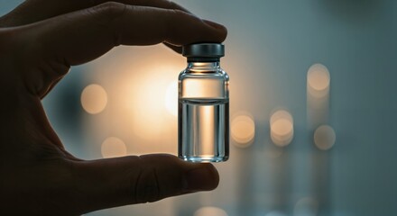 Close-up of a hand holding a small vial of clear liquid. Medical research, vaccine development, or pharmaceutical concept. Scientist in a laboratory with bokeh background.