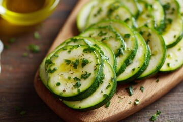 Top View of Sliced Zucchini with Herbs and Olive Oil on Wooden Board