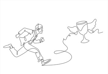 Single one line drawing businessman trying to catch trophy. Man running and chasing after fly away winner cup. Business challenge metaphor.  Hand drawn one line vector. Editable stroke