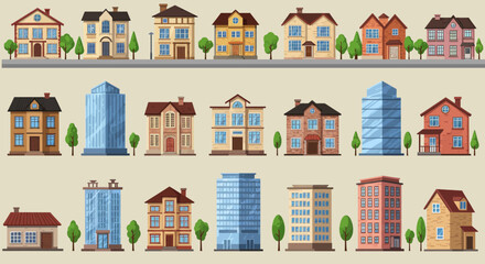 Flat Vector City Buildings &ndash; Suburban Homes, Apartments, and Office Towers