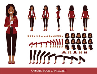 Businesswoman wear red suit character constructor. Flat design vector kit with poses and emotions for animation and explainer videos.