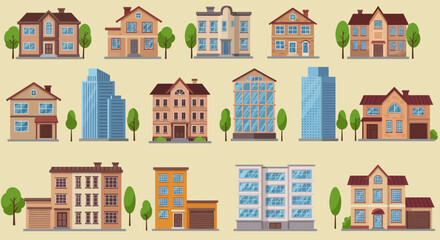 Colorful Flat Illustration of Urban and Suburban Buildings &ndash; City Architecture Concept