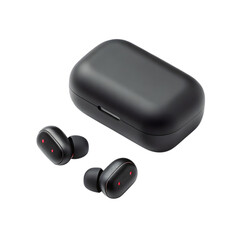 Wireless earbuds and charging case on a transparent background