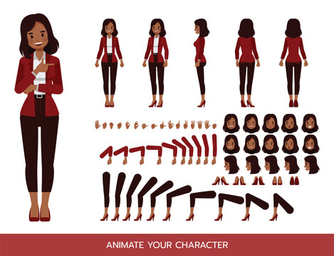 Businesswoman wear red suit character constructor. Flat design vector kit with poses and emotions for animation and explainer videos.