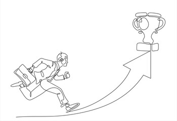 Single continuous line drawing reach for trophy. Businessman runs to target. Man working for goal, success, development, ability, victory, motivation. Hand drawn one line vector. Editable stroke