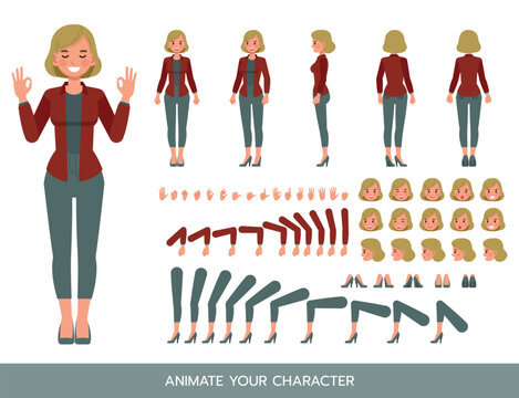 Businesswoman with bronze hair wearing red shirt character constructor. Flat design vector kit with poses and emotions for animation and explainer videos.