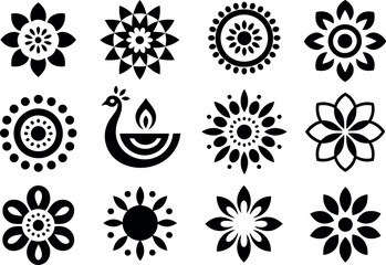 Black and white Indian mandala floral peacock diya design elements.