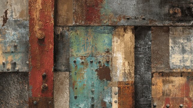Abstract textured metal panels of various hues, colors, rivets, and weathered appearance