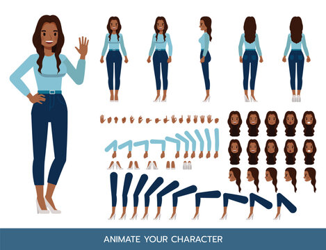 Businesswoman with long wavy hair wear blue shirt character constructor. Flat design vector kit with poses and emotions for animation and explainer videos.