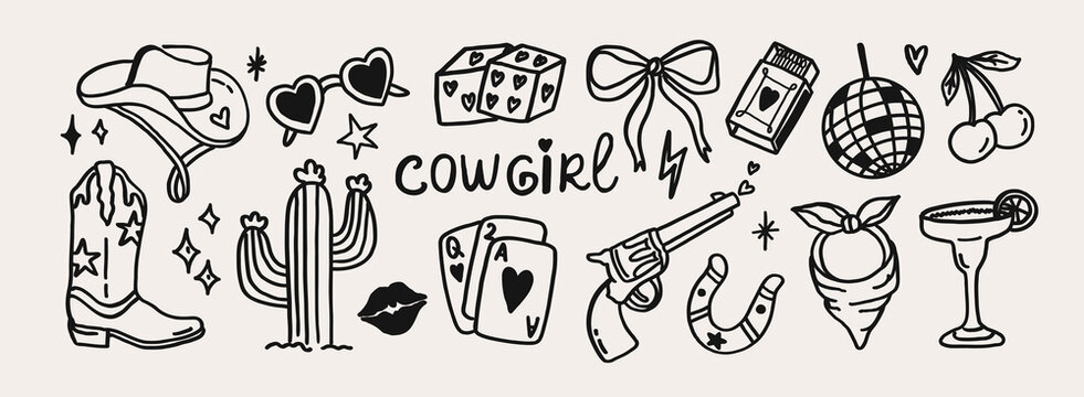 Whimsical cowgirl doodle set. Vintage texas whimsy hand drawn line art western boot, hat, horseshoe, cactus elements. Coquette cute rodeo west girl vector outline illustration