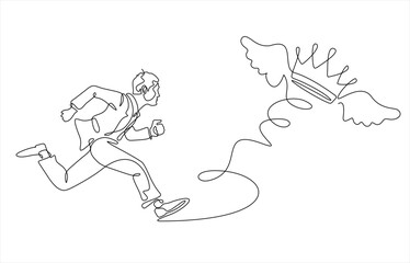 Single one line drawing businessman trying to catch crown. Man running and chasing after fly away crown. Business challenge metaphor.  Hand drawn one line vector. Editable stroke