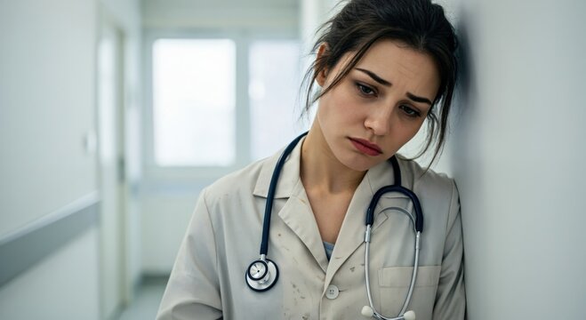 Sad young female doctor leaning against a wall in a hospital hallway. Stressed and exhausted healthcare worker experiencing burnout. Medical professional feeling overwhelmed.
