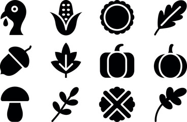 Thanksgiving Harvest:  Simple Black Glyph Icons, Autumnal Mood, Fall Design