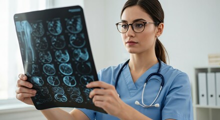 Young female doctor in scrubs examining a brain MRI scan. Professional radiologist or neurologist analyzing X-ray results in a hospital. Healthcare and medical diagnosis.