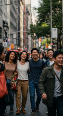 Happy group of diverse young friends laughing and walking together on a crowded city street. Urban lifestyle and friendship.