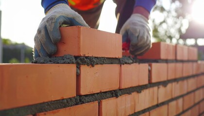 Close-up of a construction worker laying bricks with mortar symbolizing infrastructure development and manual labor in modern urbanization projects