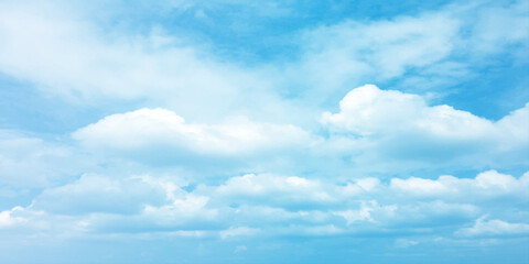 Cloudy blue summer storm  in the sky, watercolor background, horizontal view, beautiful cloudscape, fresh air, nature shining light, sunrise sky, panoramic view, daylight, vast fluffy tiny white sunsh