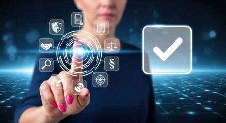Woman touching a futuristic digital interface with various icons representing business and technology processes, with a checkmark icon signifying success
