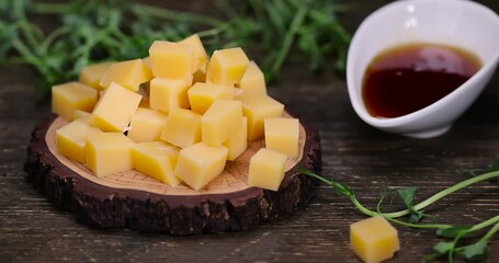 cheese and viscous sweet natural bee honey, sweet honey and sliced milk cheese