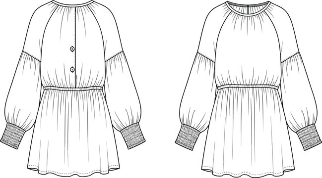 Girls' Smocked A-Line Dress Flat Sketch Vector Illustration for Children's Apparel Design, Ruffled Sundress with Adjustable Straps and Side Slits.
