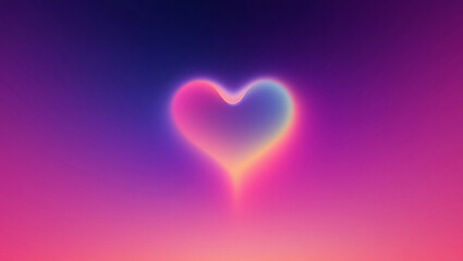 A soft glowing heart with a gradient of pink blue and yellow against a blurred purple background