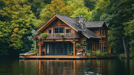 Boat houses on lakes with wooden construction, waterfront integration, rustic charm, functional design, natural surroundings, and serene recreational environments.