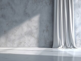 A white curtain is hanging from the wall in front of a grey wall. The curtain is long and flowing, and it is the only decoration in the room. The room is empty and has a minimalist design