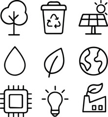 Environment and green energy icon set. Ecology and sustainability symbols including solar panel, recycling, and nature icons. Vector line art collection.