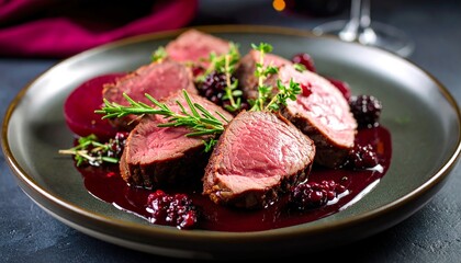 Gourmet venison tenderloin served with a rich blackberry reduction sauce and fresh rosemary.