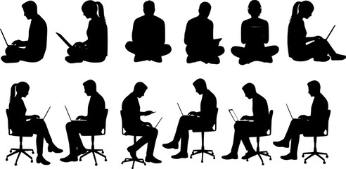 Transparent PNG available
Vector silhouettes of men and women sitting and using laptops or tablets. Perfect for remote work, online learning, education, coworking, and digital lifestyle themes.