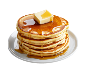 Delicious stack of golden pancakes drenched in maple syrup and butter served on a white plate transparent background