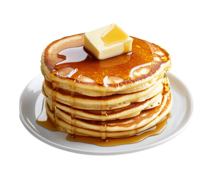 Delicious stack of golden pancakes drenched in maple syrup and butter served on a white plate transparent background