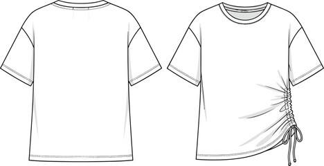 Girls' Smocked A-Line Dress Flat Sketch Vector Illustration for Children's Apparel Design, Ruffled Sundress with Adjustable Straps and Side Slits.