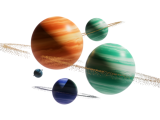 Colorful planets with rings in deep space isolated on a transparent background celestial cosmic