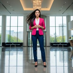 Elegant Businesswoman Standing in Stylish Corporate Lobby