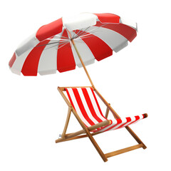 Red and white striped beach chair and umbrella.  Summer vacation imagery