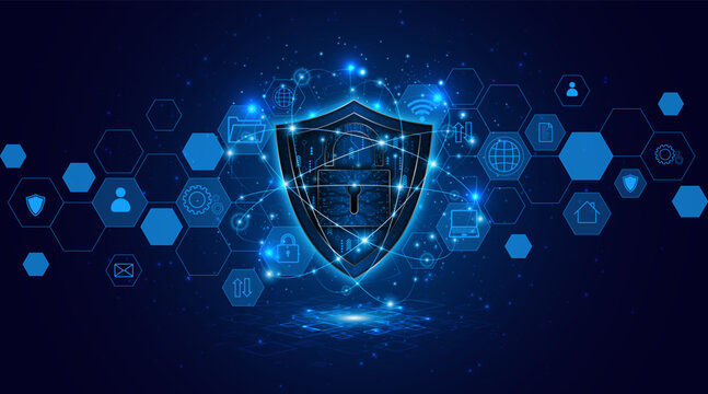 Cyber ​​security concept with shield symbol and lock. Data protection and cyber privacy. Innovative concept of advanced safety technology	