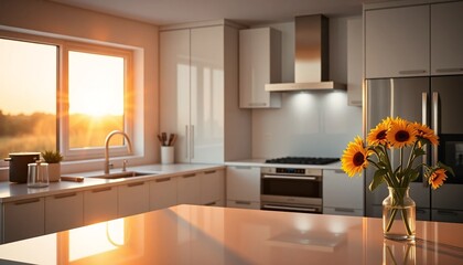 Sunlit kitchen with sunflowers in vase