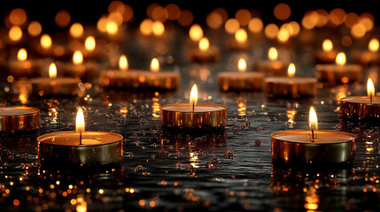Beautiful of gold candles on the ground.