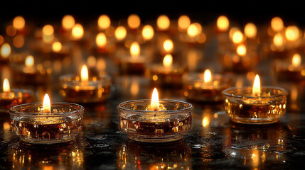 Beautiful mini candles in the glass on the floor.