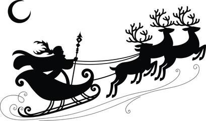 Silhouette of Santa Claus in a Sleigh Pulled by Reindeer Under a Crescent Moon christmas