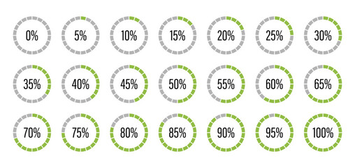 Green and gray color fill pie charts indicator template. Circle graph loading progress set. Percentage infographics elements. Round diagrams icons for infographics from 0 to 100 percent.