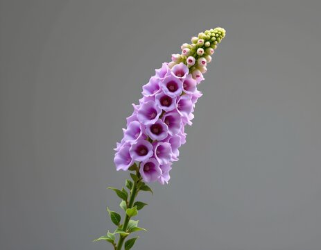a single purple flower with multiple blossoms attached to a green stem. the flower is in focus against a blurred background.