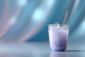 Refreshing purple cocktail with ice and glass straw on gradient background